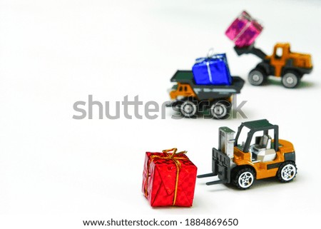 gift box delivery by transport vehicle on white background