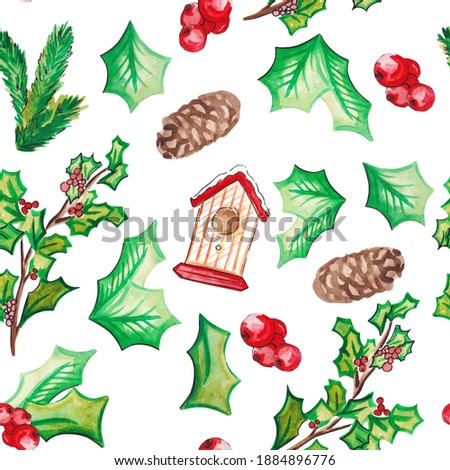 Seamless pattern watercolour Christmas on the white background. Perfect for backgrounds, textures, wrapping paper, patterns. 