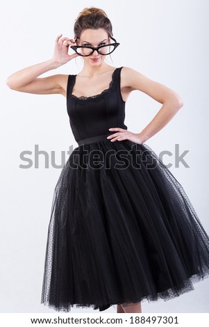 Funny picture of a beautiful model in elegant dress