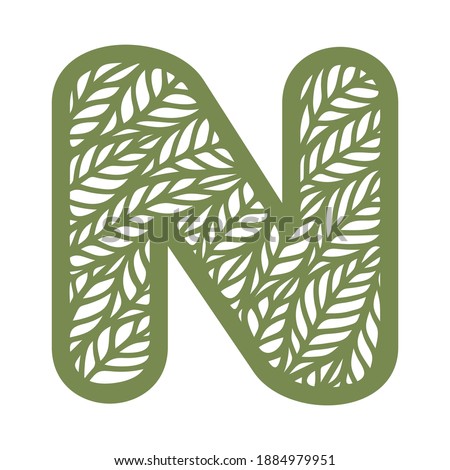 Letter N with a pattern of leaves. Green object on a white background. Plants theme. Openwork botanical logo, sign, icon for natural, eco products. Summer or spring alphabet, font. Vector illustration