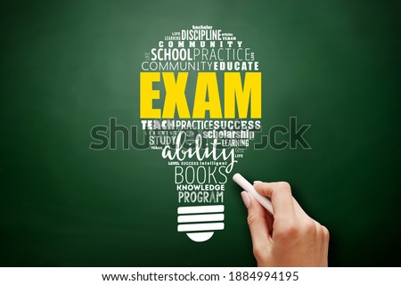EXAM light bulb word cloud, education concept background on blackboard
