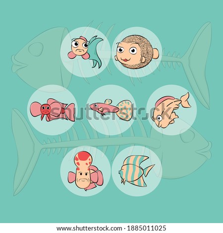 illustration of several kinds of fish with bundle cartoon style