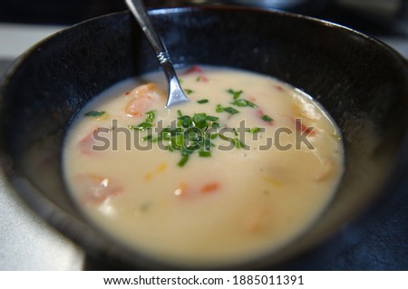 Coconut soup with bell pepper, chives and prawns, Asian Thai curry, product picture