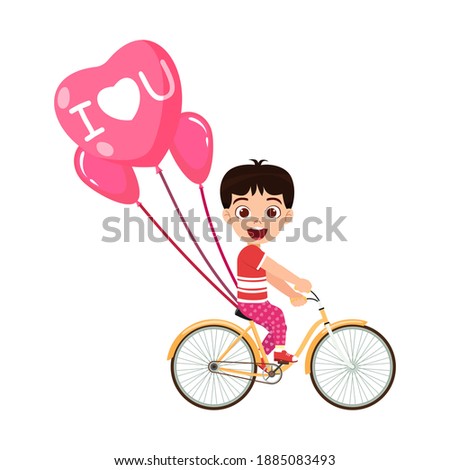 Happy cute kid boy character riding bicycle with love balloons heart shape