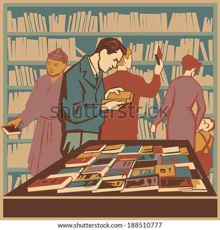 People interested in literature and new books retro vector illustration