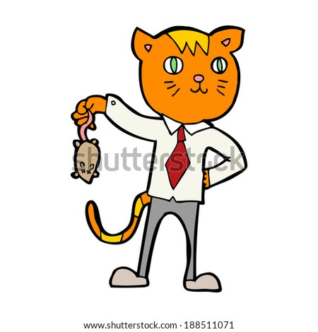 cartoon business cat with dead mouse