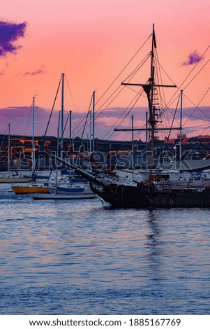 Sailboat anchored in the Boston harbor, Boston Massachusetts USA