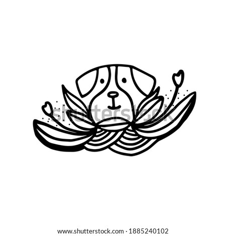 vector illustration of the dog with flowers, black and white outline