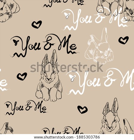 letters, hearts, hares, rabbits on a coffee background. pattern