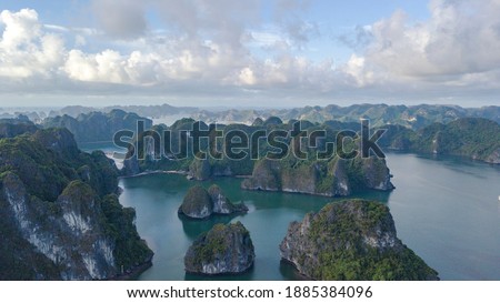 Halong bay seen from the sky. Halong Bay is the UNESCO World Heritage Site, it is a beautiful natural wonder in northern Vietnam, Southeast Asia. Popular landmark, famous destination of Vietnam