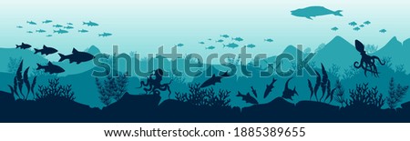 Illustration of the underwater world. Reefs and fish in the ocean. Stock vector illustration. Panoramic wallpaper with the underwater world. Underwater landscape. eps 10 vector  Royalty-Free Stock Photo #1885389655