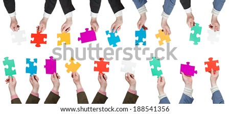 set of male hands with different puzzle pieces isolated on white background