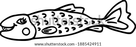 Cute big-eyed salmon is smiling. Vector illustration for children in a cartoon stele. Sea theme.