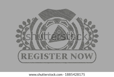 pizza slice icon and Register now text Grey stroke emblem. Solid exquisite background. Artistic illustration. 
