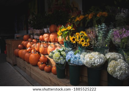 Pumpkins and Flowers for sale outside a store in New York City