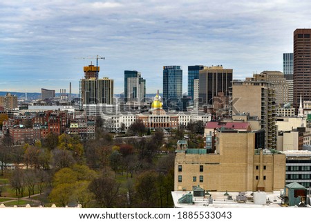 Aerial view of the Boston Skyline from Chinatown in Massachusetts.