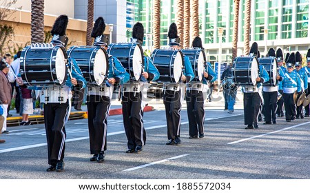 Marching band with drums dressed in blue Royalty-Free Stock Photo #1885572034