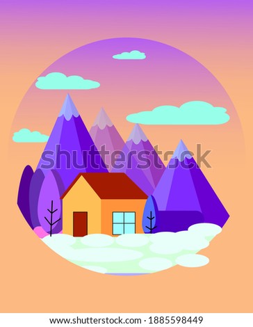 House on mountain with white cloud above vector illustration. Countryside, village,nature, landscape.