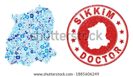 Vector collage Sikkim State map with vaccine icons, test symbols, and grunge health care rubber imitation. Red round stamp with corroded rubber texture and Sikkim State map word and map.