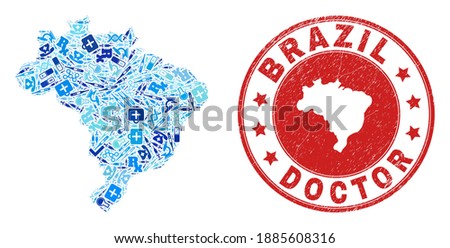 Vector mosaic Brazil map with medical icons, medicine symbols, and grunge doctor seal. Red round seal with unclean rubber texture and Brazil map word and map.