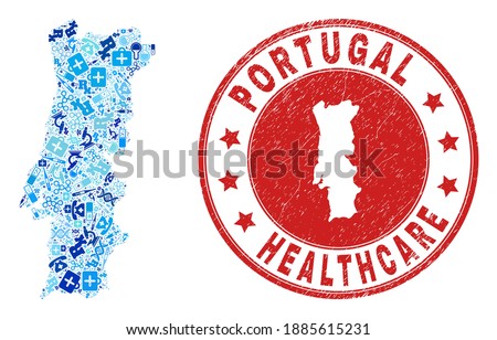 Vector collage Portugal map with treatment icons, medicine symbols, and grunge doctor seal. Red round seal with distress rubber texture and Portugal map tag and map.
