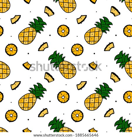 Vector seamless pattern background with whole pineapples and pineapple slices for tropical food design.