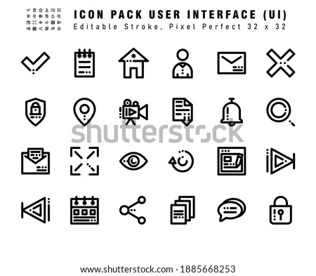 Icon Set of User Interface Vector Line Icons. Contains such Icons as Check, Cancel, Share, Notification etc. Editable Stroke. 32x32 Pixel Perfect