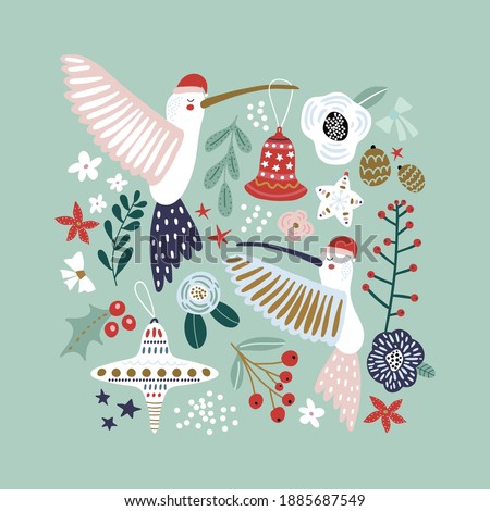 Cute winter greeting background with colibri in santa hat. Winter floral concept. Holiday and christmas illustration. It can be used for greeting card, posters, apparel