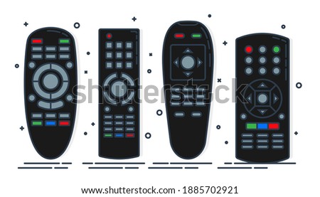 Hand remote control. Multimedia panel with shift buttons. Four design options. Program device. Wireless console. Universal electronic controller. Color isolated flat illustration on white background.
