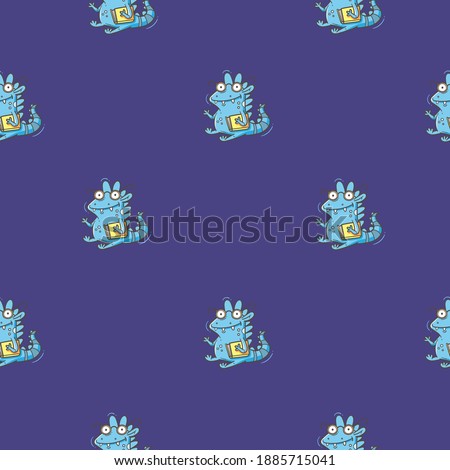 Seamless pattern with  cute cartoon smart dragon on purple background. Funny birds print. Reading reptile poster. Vector doodle line art wallpaper. Illustration for children. Books and studying.