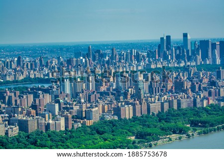 Amazing aerial view of Manhattan skyline from helicopter, New York City.
