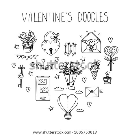 Set with Doodle elements on the theme of Valentines day. Traditional symbols, heart, bouquet, mug, cat, balloons, cupcake, donut and candle. Sketch, black outline on a white background.