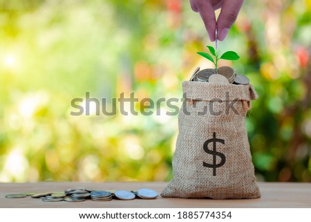 Hand of male putting coin to a bag of coins, growing tree on top save money concept, hope, finacial business investment, home, loan, education concept.