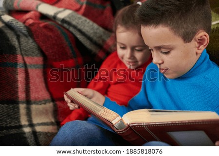 Brother with a sister examines the family photo album sitting on the sofa against the background of a striped woolen plaid