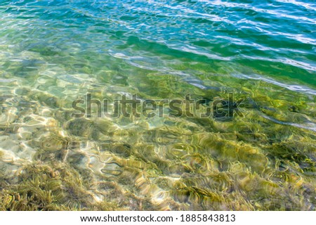 Clear clear water of the lake with a turquoise hue on a sandy beach. The natural background.