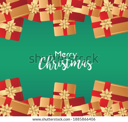 merry christmas and happy new year lettering card with golden gifts frame vector illustration design