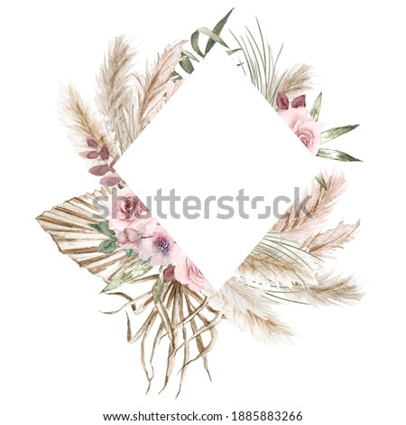 Watercolor boho exotic rhombic frame. Tropical dried palm leafe, roses, pampas grass geometric frame. Romantic bohemian floral frame