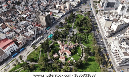 Aerial shot of  La Alameda Park in the center of Quito, old town.