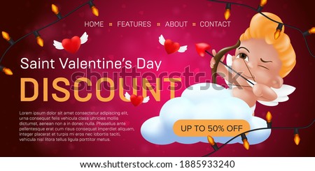 Saint Valentine's day discount landing page template or advertising special offer banner design. Vector illustration of aiming and smiling little cupid with flying hearts on a red blurred background