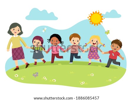 Vector illustration cartoon of female teacher and students holding hands together and walking in the park.