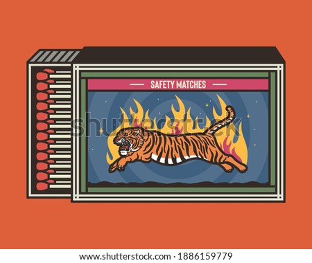 Matchbox and matches vector illustration. Vintage and unique matchbox packaging design illustration Royalty-Free Stock Photo #1886159779