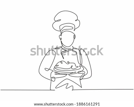 Continuous one line drawing of young handsome man chef in uniform serving main dish to customer at hotel restaurant. Healthy organic food concept single line draw graphic design vector illustration