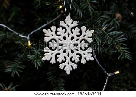 white snowflake ornament in yew tree with christmas lights close up background