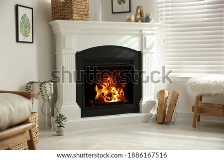 Bright living room interior with artificial fireplace and firewood in basket