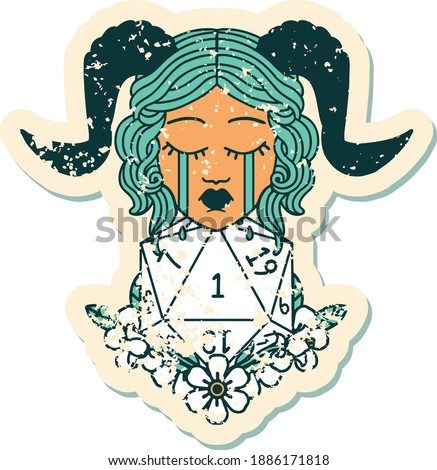 grunge sticker of a crying tiefling with natural one D20 dice roll