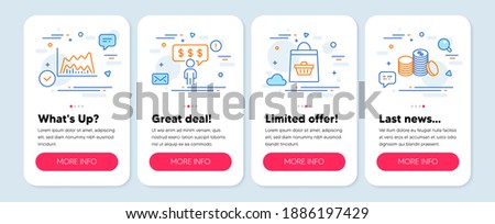 Set of Finance icons, such as Online buying, Trade chart, Employee benefits symbols. Mobile screen app banners. Banking money line icons. Shopping cart, Market data, Salary man. Cash finance. Vector