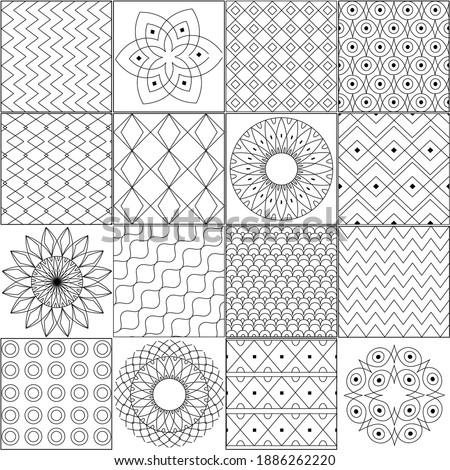 patchwork made from squares of geometric patterns and mandalas for your coloring book