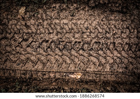 Tyre track on dirt sand or mud, Picture in retro or grunge tone. Car drive on sand. off road track. Track on grass field. Track in farm. Royalty-Free Stock Photo #1886268574