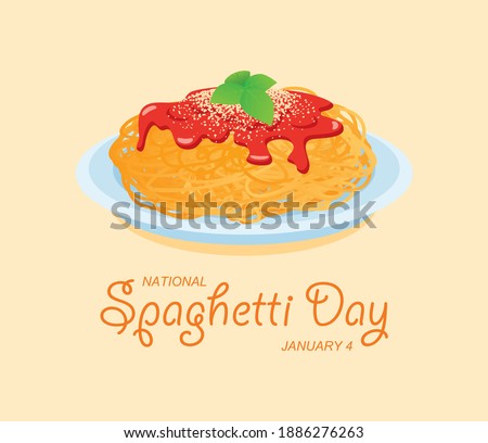 National Spaghetti Day vector. Plate of spaghetti with tomato sauce, cheese and basil vector. Spaghetti Day Poster, January 4. Important day