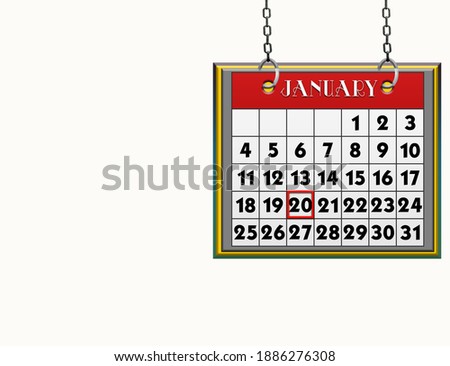 January 20, Calendar icon page with marked date, black text white background. Calendar for year. Holidays in January.